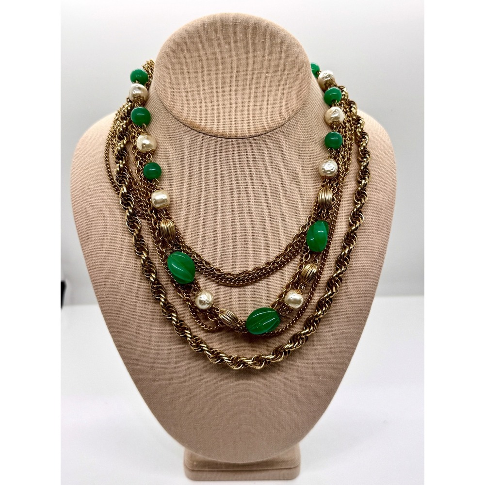 VTG Multi Strand Statement Necklace Emerald‎ Green Pearl Gold Tone Chunky 18in